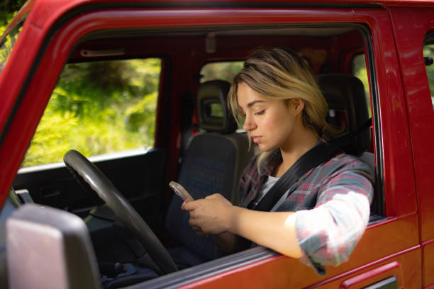 istock Female tourist using mobile phone during a trip in a car. 1557728992