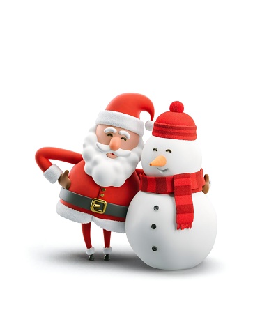 3d Illustration. Cartoon character Santa Claus and snowman. Christmas card.
