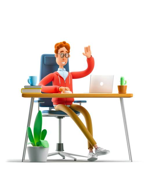 istock Nerd Larry sits at the table with a laptop. 3d illustration. 1557730533