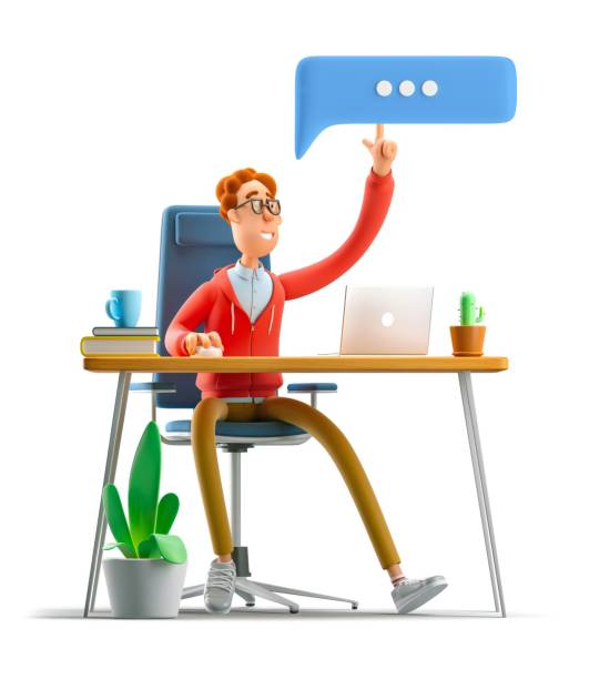 istock Nerd Larry sits at the table with a laptop. 3d illustration. Social media concept. 1557731062