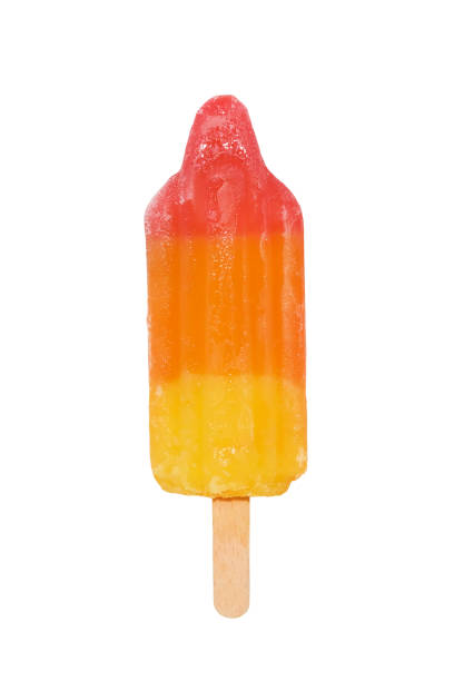 istock Ice cream fruit ice isolated on a white background. Yellow, orange and red ice cream on a stick. Vertical ice cream banner 1557731584