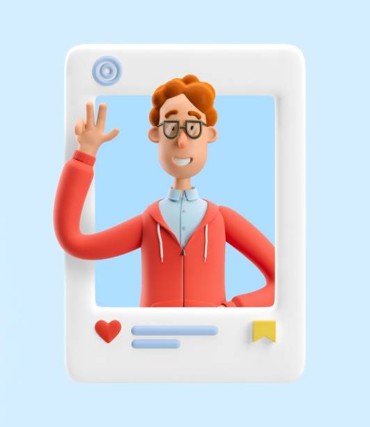 istock 3d illustration. Social media concept. Nerd Larry greeting you. 1557731603