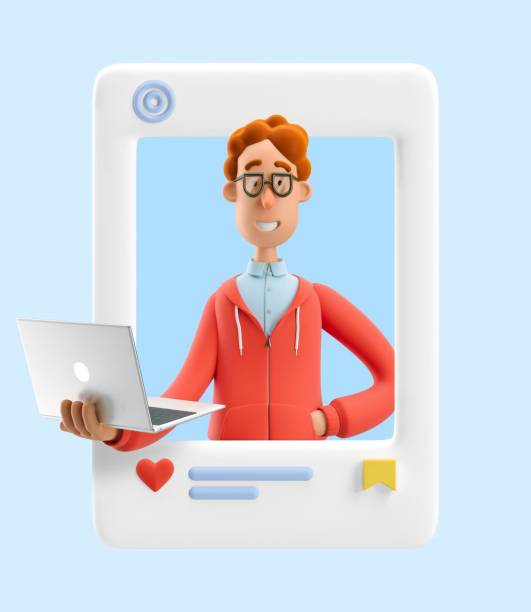 istock 3d illustration. Social media concept. Nerd Larry stand with laptop. 1557732074