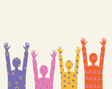 Cheerful hands vector illustration  isolated background.Group of people raised joyful hands, diversity of multiethnic people, racial equality,harmony, friendship, party. Design element for print, card, poster, template