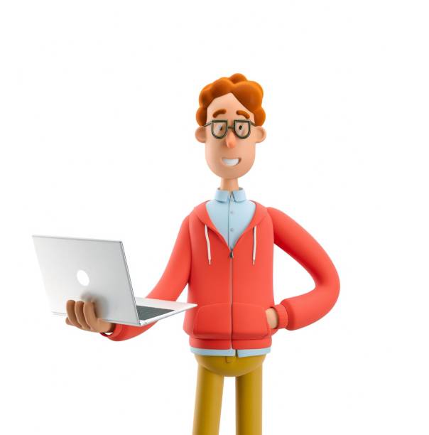 istock Nerd Larry stand with laptop. 3d illustration. 1557740061