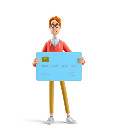 Nerd Larry with credit or debit card. 3d illustration.