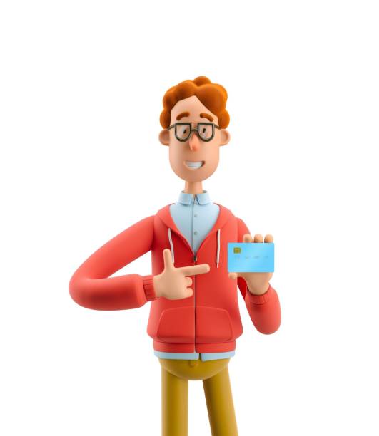 istock Nerd Larry with credit or debit card. 3d illustration. 1557740631