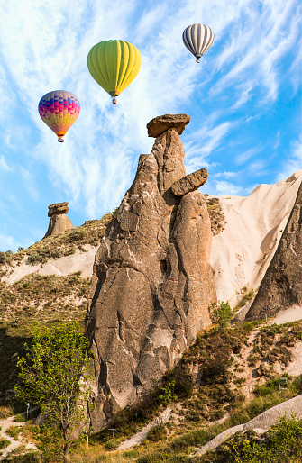 Hot air balloon flying over famous fairy chimneys (Peri Bacalari) -Cappadocia, Turkey