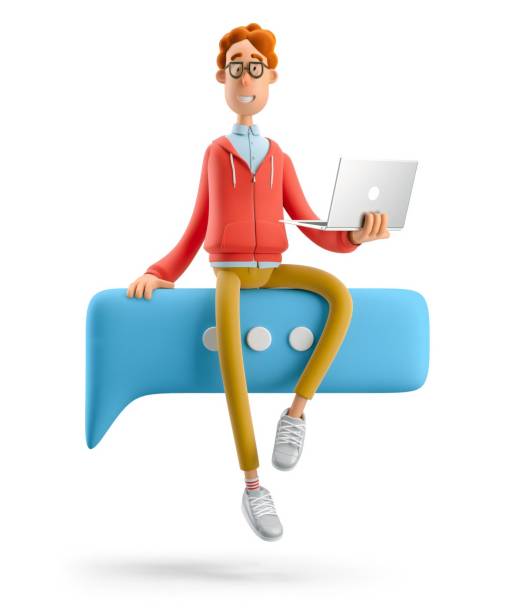 istock Social media concept. Nerd Larry sits on a bubble talk. 3d illustration. 1557741705