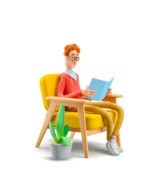 istock Nerd Larry is reading a book while sitting in a chair. 3d illustration. Study and education concept. 1557741709