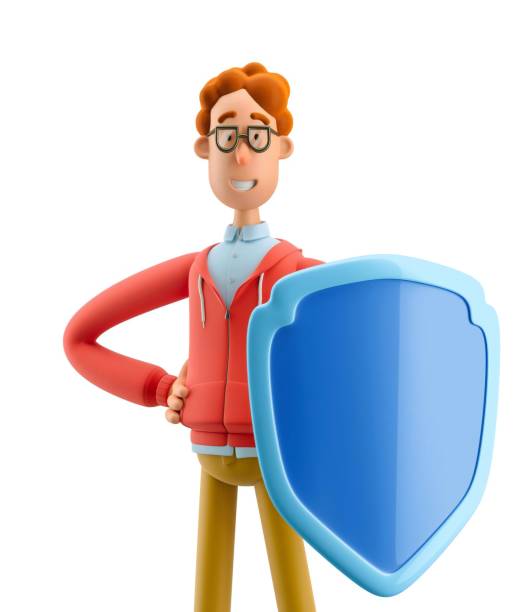 istock Nerd Larry with shield. 3d illustration. Safety and protection concept. 1557742259