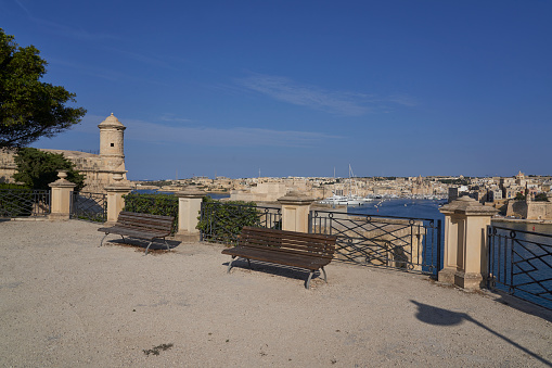 Valetta, Malta - June 8, 2023: Scenic view from the city of Valetta across the Grand Harbour to Birgu and Senglea