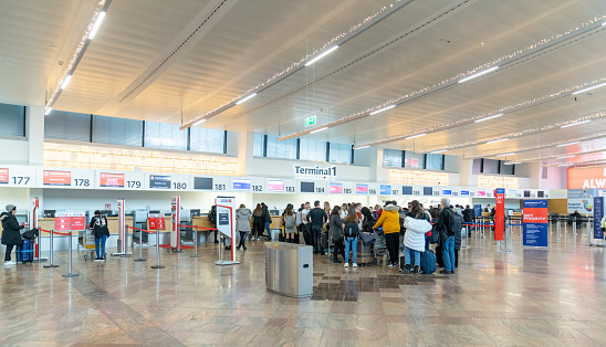 Vienna, Austria - January 08, 2020: Vienna International Airport, Departure Area with Check-in desks Turkish Airlines, Aeroflot airlines.