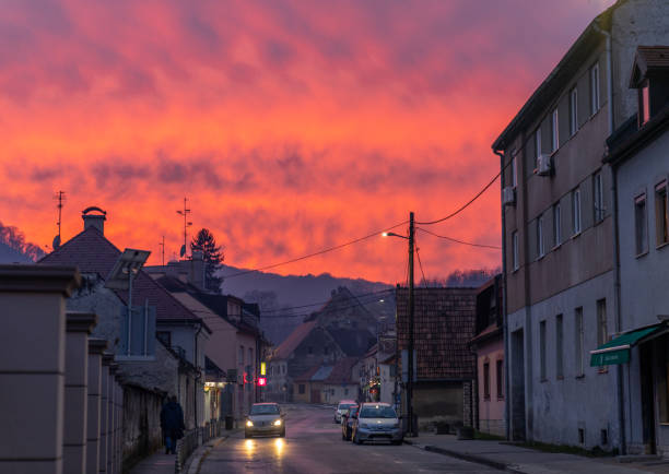 Samobor, Croatia - January 4, 2020: Samobor Town in Croatia and Burning Sky in Background. Sunset Light.