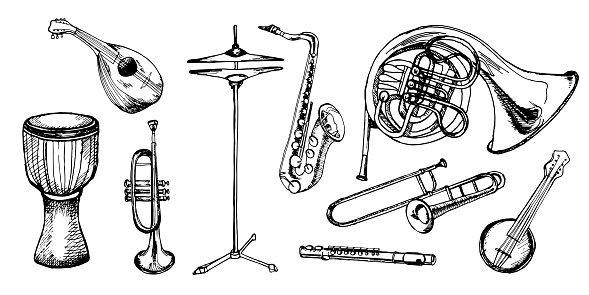 Set of french horn brass, trumpet, saxophone musical instruments vector illustration isolated. Double horn, mandoline, djembe, clarinet silhouette ink hand drawn. Black white element for design.