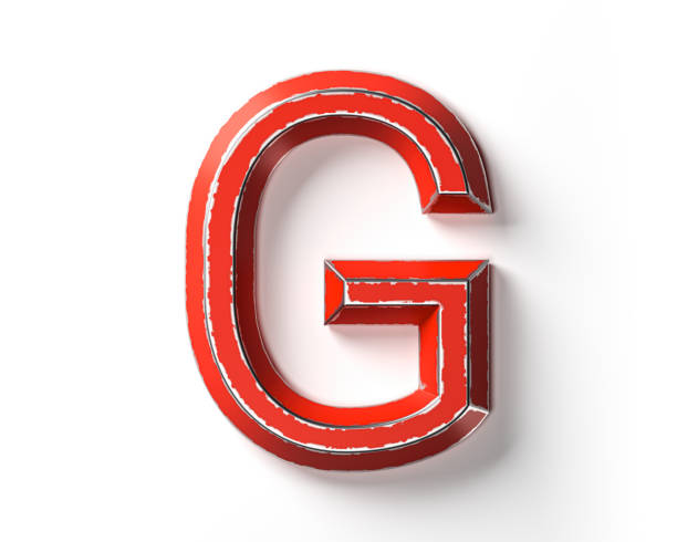 Letters made of red painted metal with scratched borders. 3d illustration of red iron alphabet isolated on white background