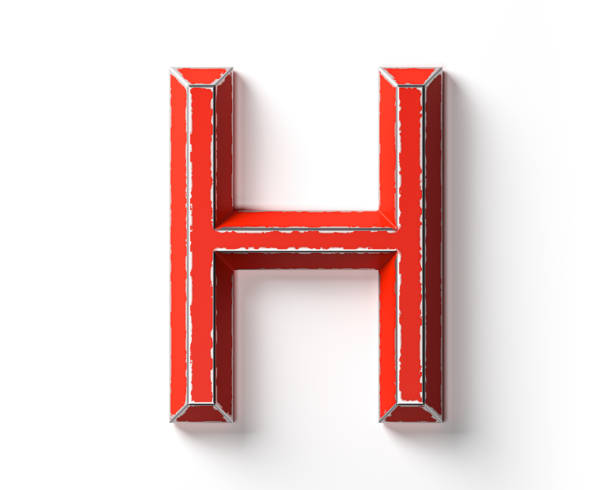 Letters made of red painted metal with scratched borders. 3d illustration of red iron alphabet isolated on white background