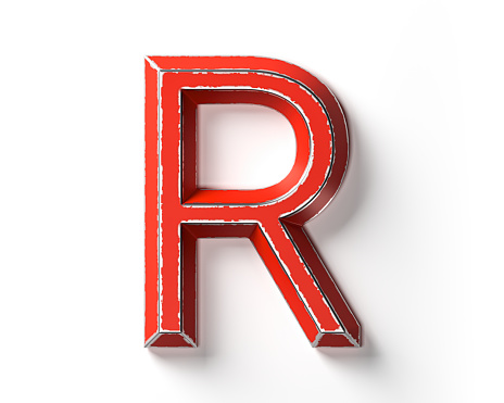 Letters made of red painted metal with scratched borders. 3d illustration of red iron alphabet isolated on white background