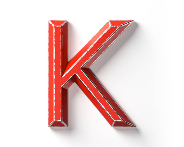 Letters made of red painted metal with scratched borders. 3d illustration of red iron alphabet isolated on white background