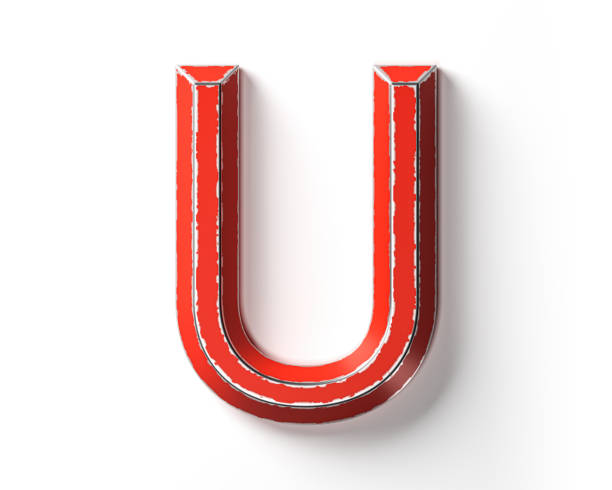 Letters made of red painted metal with scratched borders. 3d illustration of red iron alphabet isolated on white background