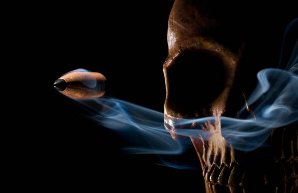Bullet flying with smake and a gold colored human skull behind