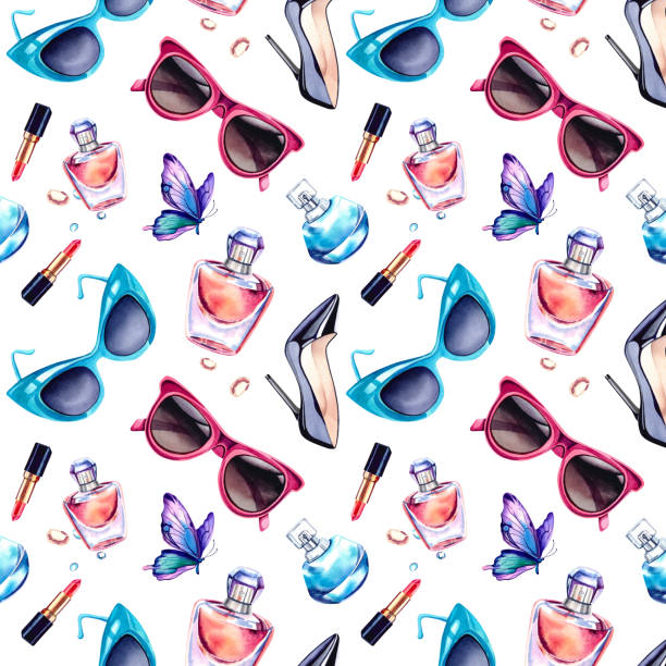 istock A pattern of perfume, shoes, butterflies, lipstick, sunglasses, bows. Watercolor illustration. Fashion and beauty. Women's attributes and accessories. 1557778510