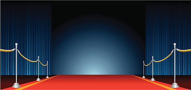 red carpet wide vector opened stage with blue curtain and red carpet red carpet stock illustrations