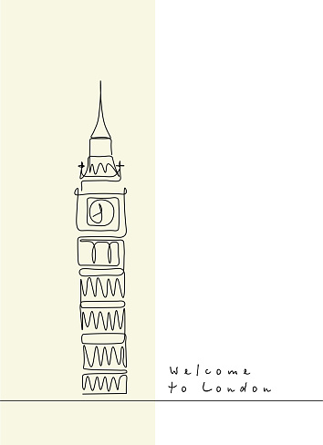 Line drawing of Big Ben tower famous for tourism. Palace of Westminster, Big Ben, England.