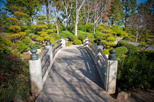 Wooden and cement bridge at a Japanese garden in Long Beach