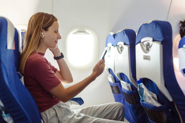 istock Woman in the airplane 1557798589