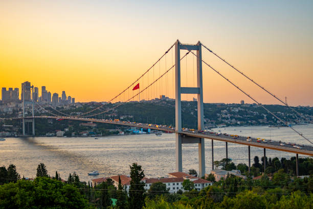 Istanbul Bosphorus Bridge, Bosphorus Bridge at sunset time stock photo