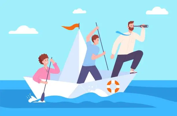 Vector illustration of Sailing team. Leadership concept, leader on paper boat lead colleagues to success future direction, business company people at ship corporate mission, splendid vector illustration