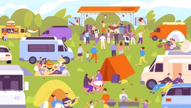 Vector illustration of Open air festival. Outdoors stage music concert for summer events, tent camping audience public party dj rock fest outside performance fair festivals splendid vector illustration