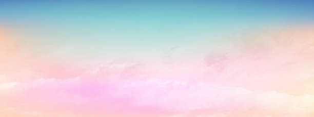 ilustrações de stock, clip art, desenhos animados e ícones de pink sky and white soft clouds floated in the sky on a clear day. beautiful air and sunlight with cloud scape colorful. sunset sky for background. blue to pink sky vector illustration. - day to sunset