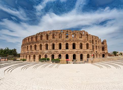 Amphitheatre of El Jem in Tunisia. Amphitheatre is in the modern-day city of El Djem, Tunisia, formerly Thysdrus in the Roman province of Africa. It is listed by UNESCO since 1979 as a World Heritage Site