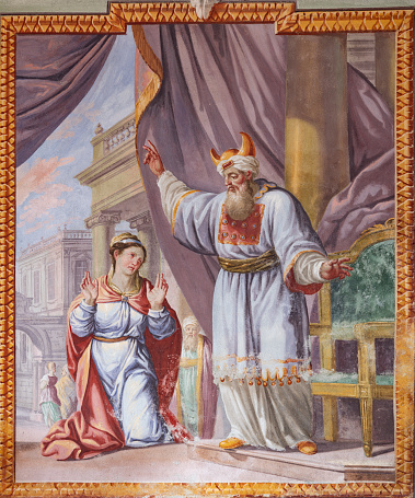 Varallo - The baroque fresco high priest Heli give the benediction to Anna  in the church Basilica del Sacro Monte by Francesco Leva (1714).