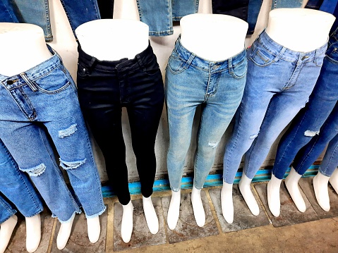 Black and Blue Jeans on mannequins - Bangkok Market.