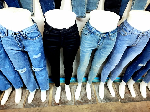 Black and Blue Jeans on mannequins - Bangkok Market.