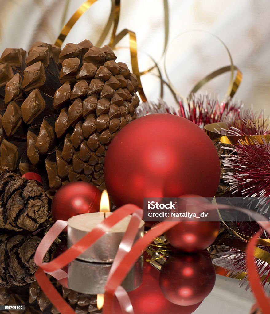 Christmas design Christmas Bauble, candles and ribbon. Postcard Candle Stock Photo