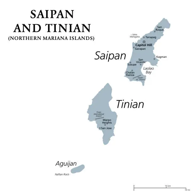 Vector illustration of Saipan and Tinian, Northern Mariana Islands, gray political map