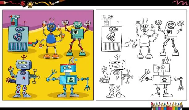 Vector illustration of comic robots or droids characters group coloring page