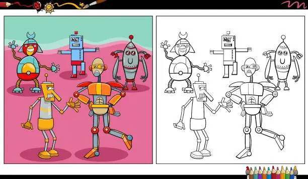 Vector illustration of comic robots or droids characters group coloring page