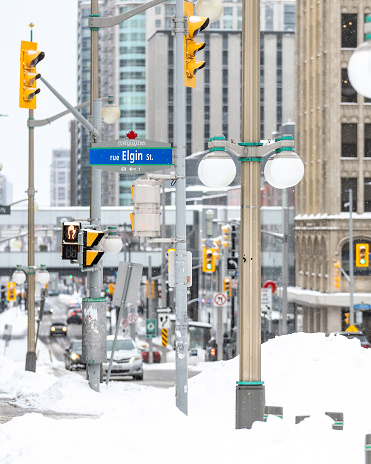 Ottawa, Canada - March 4, 2023 : Elgin Street in downtown Ottawa on a snowy winter afternoon