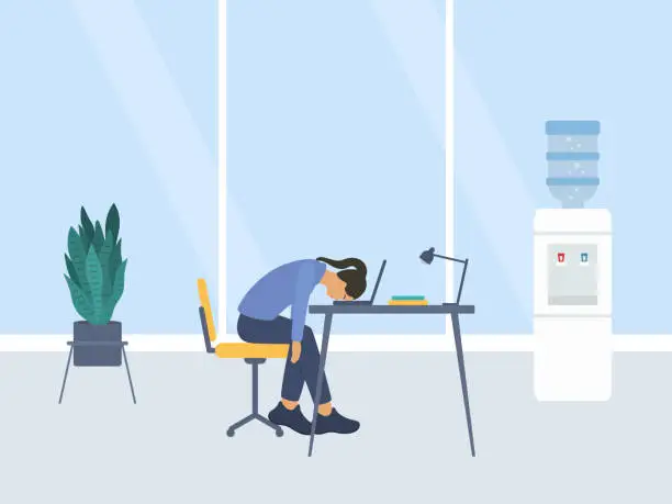Vector illustration of Burnout Concept With Tired Female Office Worker Sitting With Head Down On Laptop. Long Working Day
