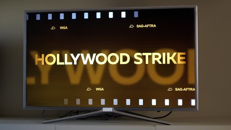 Hollywood Writers Actors On Strike Gold Film Intro Motion Graphics on TV Set