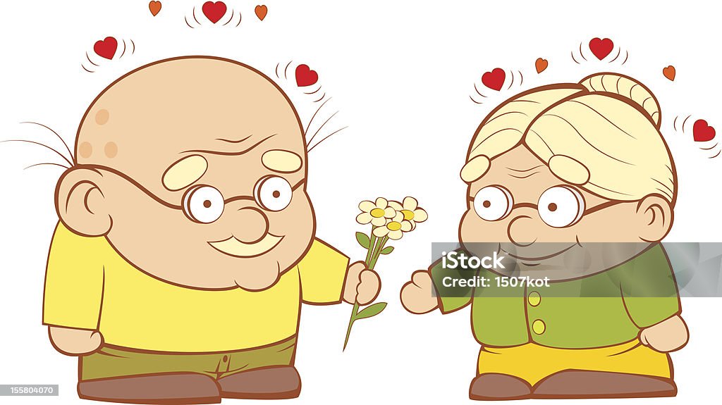 Old couple in love Grandpa gives flowers to my grandmother. Sweetheart vector illustration. EPS-8 70-79 Years stock vector