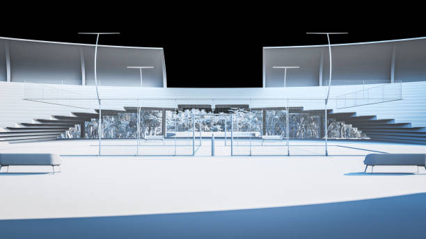 3d digital render in black and white of padel stadium interior design. Computer generated image of padel court in a stadium.