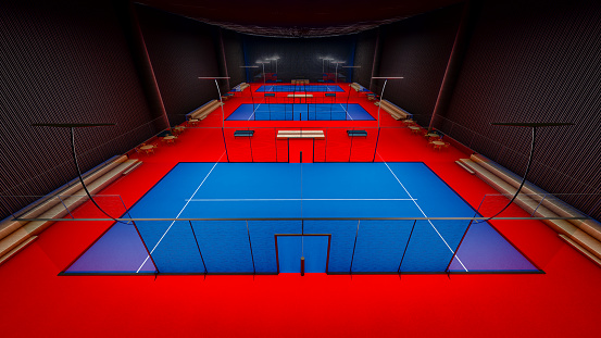3d digital render of three indoor padel courts. Computer generated image of premium sports club padel courts in a row.