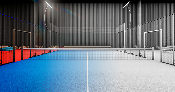 Empty blue padel court for playing at premium sports club in 3d. 3d digital image of indoor padel court