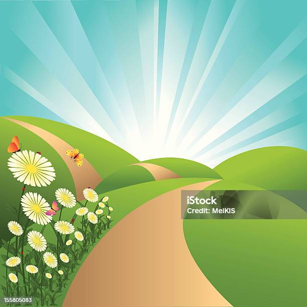 スプリングランドスケープ緑スカイブルーの花と蝶 - 丘のベクターアート素材や画像を多数ご用意 - 丘, イラストレーション, カラフル